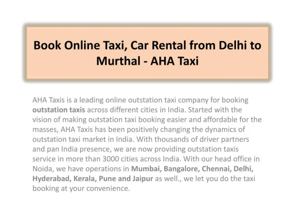 Book Online Taxi, Car Rental from Delhi to Murthal - AHA Taxis