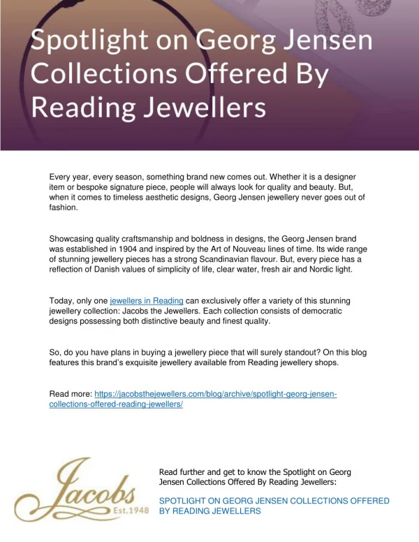 Spotlight on Georg Jensen Collections Offered By Reading Jewellers