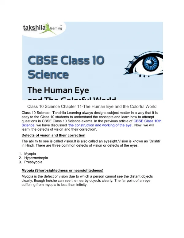 Class 10 Science Chapter 11-The Human Eye and the Colorful World