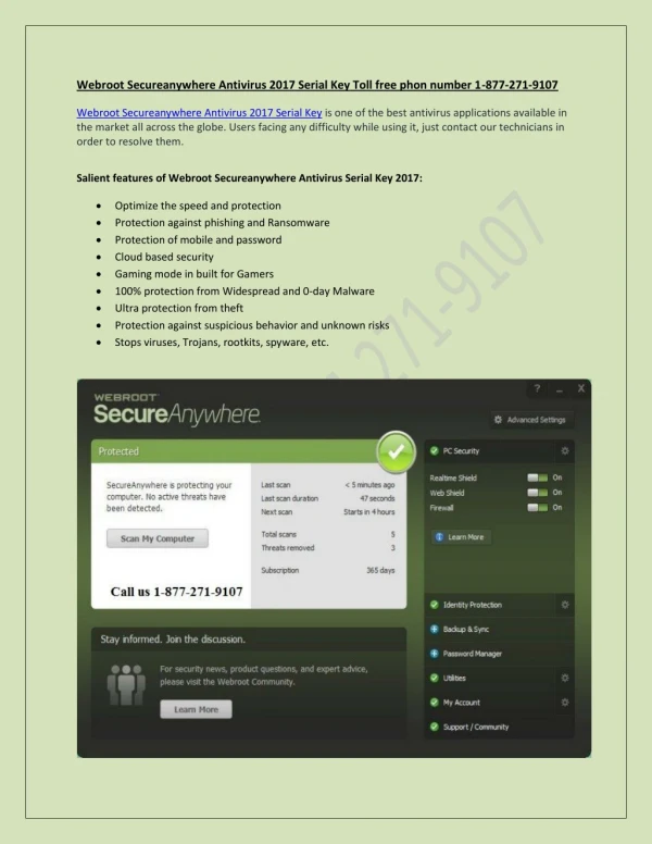 Webroot Secureanywhere Antivirus 2017 Serial Key Toll free phon number 1-877-271-9107