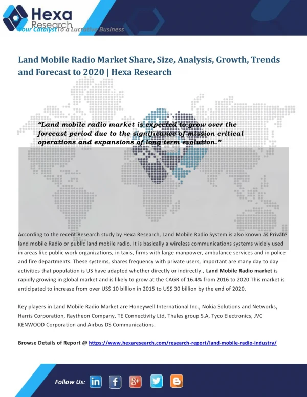 Land Mobile Radio Market is Expected to Witness Substantial Growth till 2020