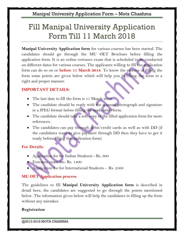 Fill Manipal University Application Form Till 11 March 2018