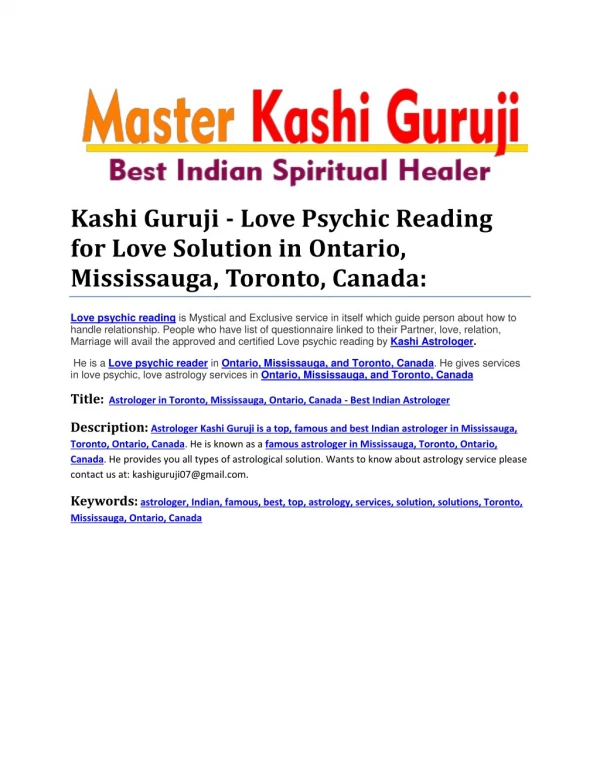 Kashi Guruji - Love Psychic Reading for Love Solution in Ontario, Mississauga, Toronto, Canada: