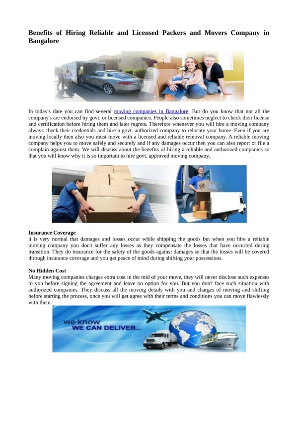 Benefits of Hiring Reliable and Licensed Packers and Movers Company in Bangalore
