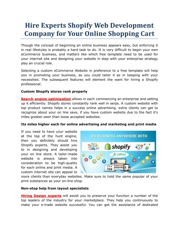 Hire Experts Shopify Web Development Company for Your Online Shopping Cart