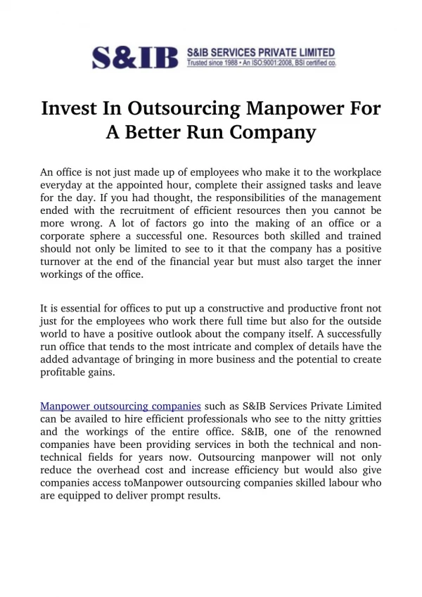 Invest In Outsourcing Manpower For A Better Run Company
