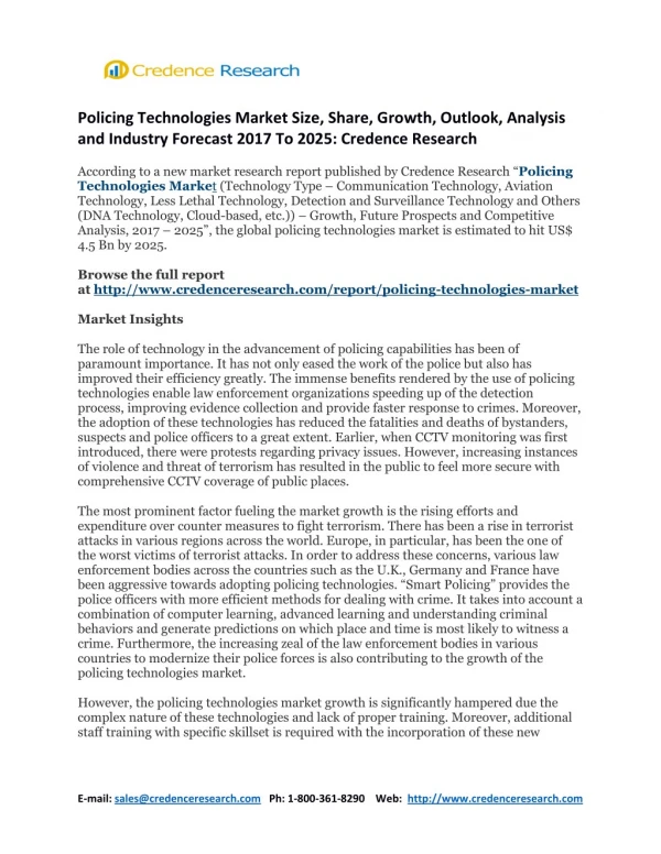 Policing Technologies Market Size, Share, Growth, Outlook, Analysis and Industry Forecast 2017 To 2025: Credence Researc
