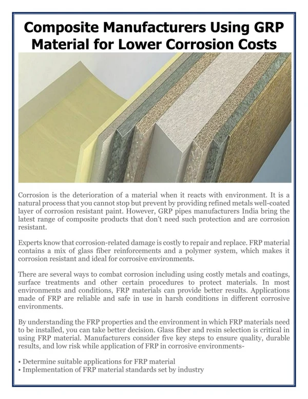 Composite Manufacturers Using GRP Material for Lower Corrosion Costs