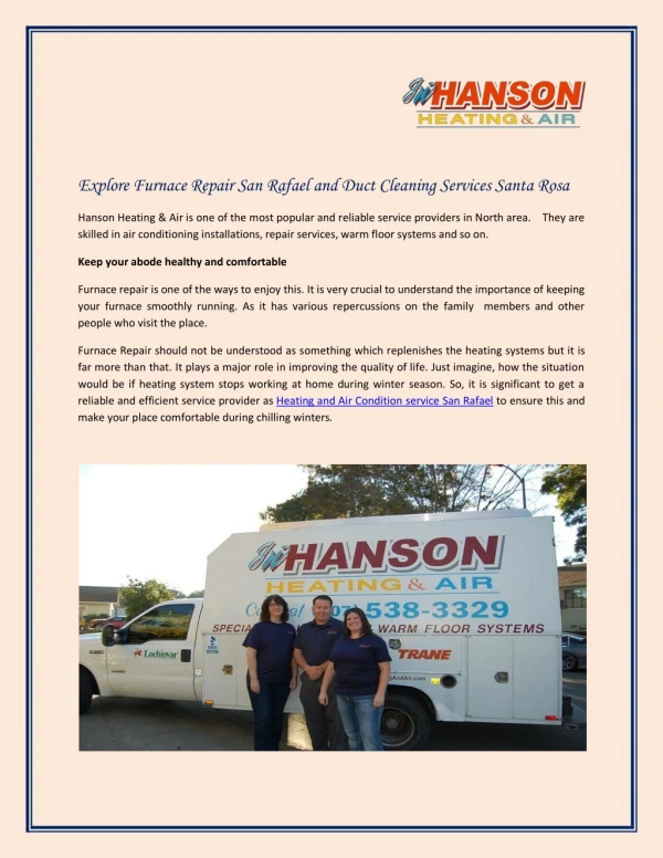 Explore Furnace Repair San Rafael and Duct Cleaning Services Santa Rosa