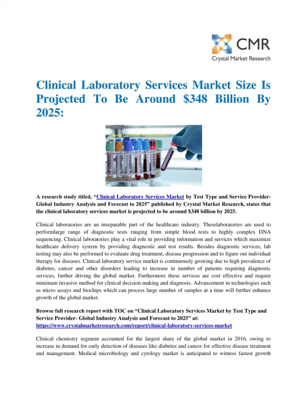 Clinical Laboratory Services Market Size Is Projected To Be Around $348 Billion By 2025