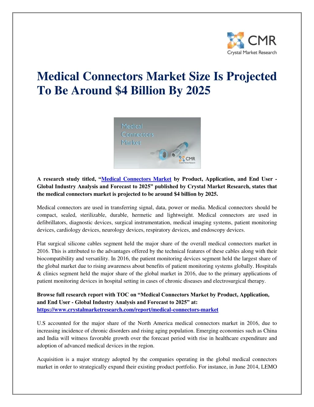 medical connectors market size is projected