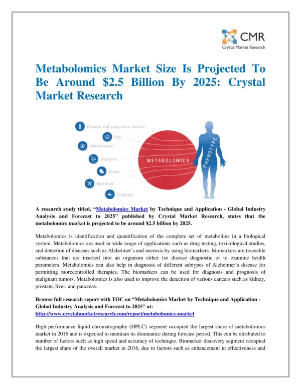 Metabolomics Market Size Is Projected To Be Around $2.5 Billion By 2025: Crystal Market Research