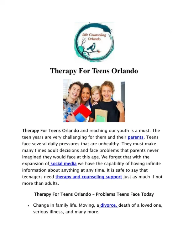 Therapy For Teens Orlando – Problems Teens Face Today
