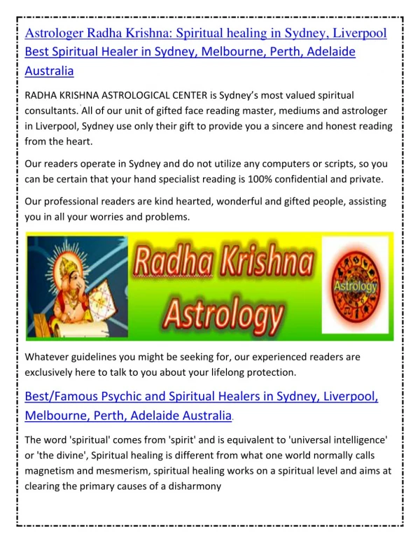Astrologer Radha Krishna: Spiritual healing in Sydney, Liverpool, Best/Famous Spiritual Healer in Sydney, Melbourne, Per