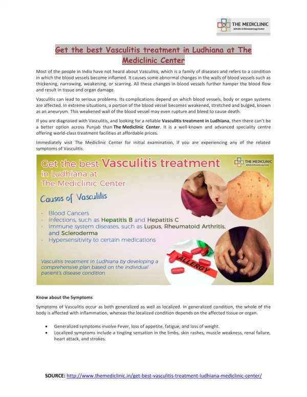Get the best Vasculitis treatment in Ludhiana at The Mediclinic Center