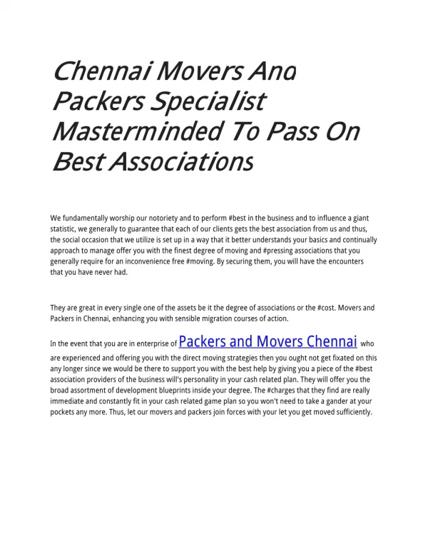 Chennai Movers And Packers Specialist Masterminded To Pass On Best Associations