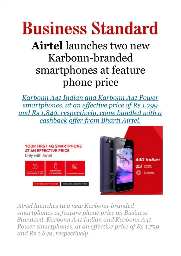 Airtel launches two new Karbonn-branded smartphones at feature phone price