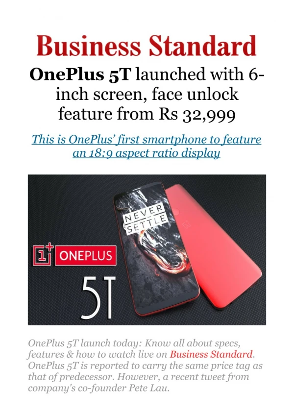 OnePlus 5T launched with 6-inch screen, face unlock feature from Rs 32,999