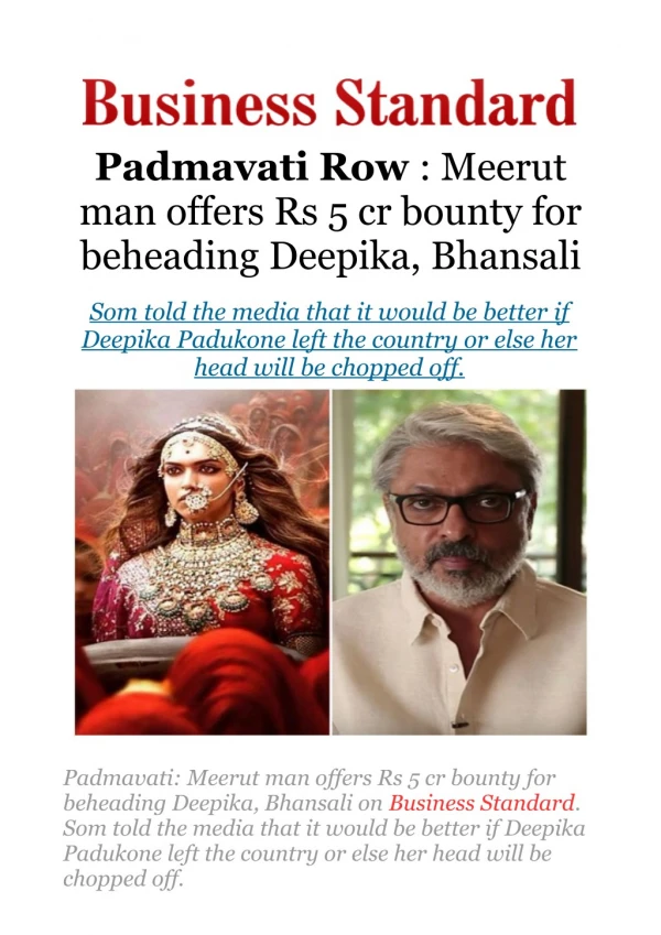 Padmavati: Meerut man offers Rs 5 cr bounty for beheading Deepika, Bhansali
