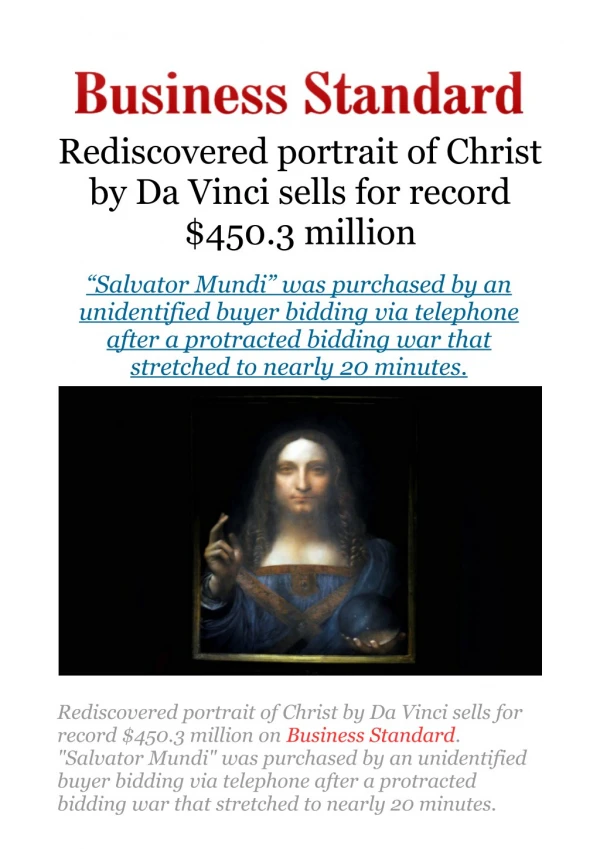 Rediscovered portrait of Christ by Da Vinci sells for record $450.3 million