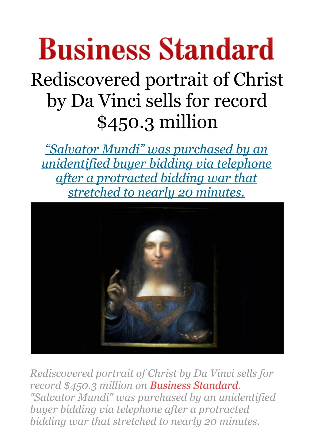 rediscovered portrait of christ by da vinci sells