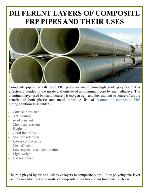 DIFFERENT LAYERS OF COMPOSITE FRP PIPES AND THEIR USES