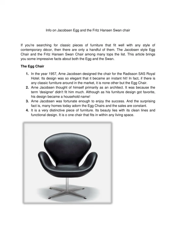 Info on Jacobsen Egg and the Fritz Hansen Swan chair