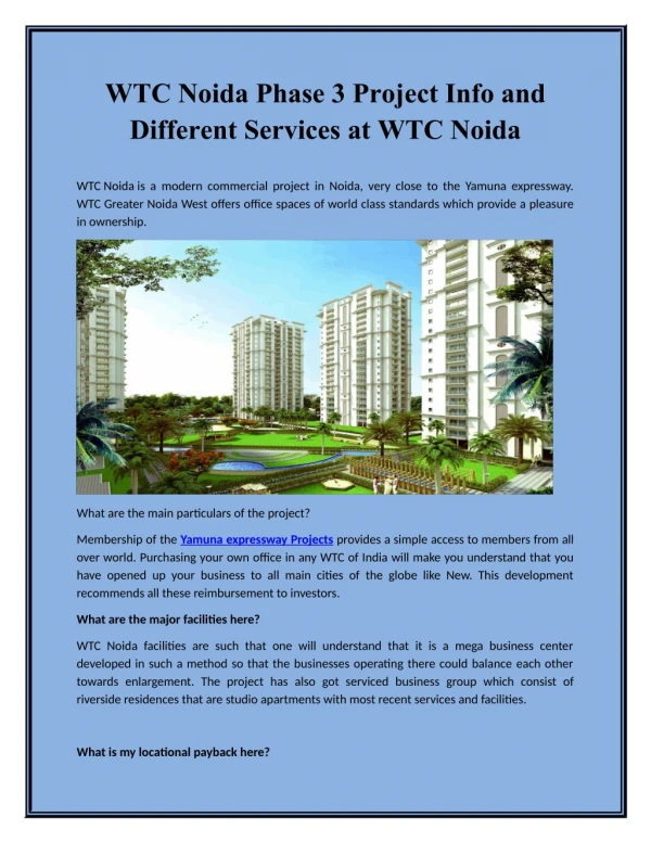 WTC Noida Phase 3 Project Info and Different Services at WTC Noida