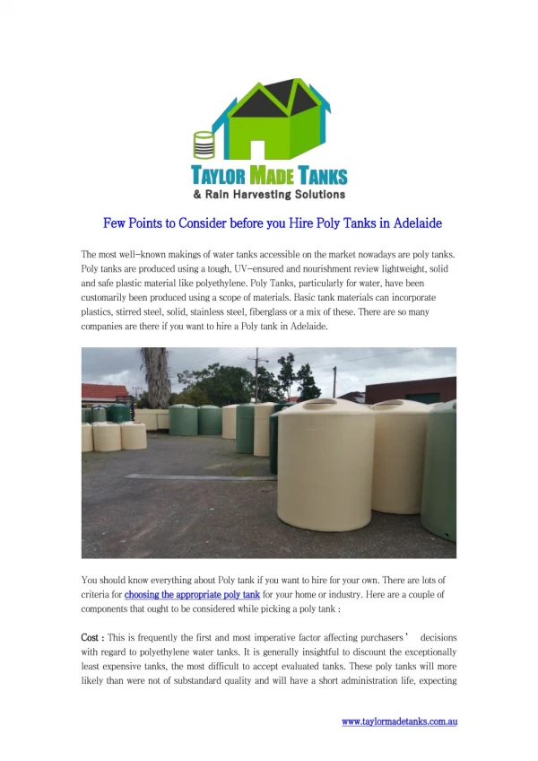 Few Points to Consider before you Hire Poly Tanks in Adelaide