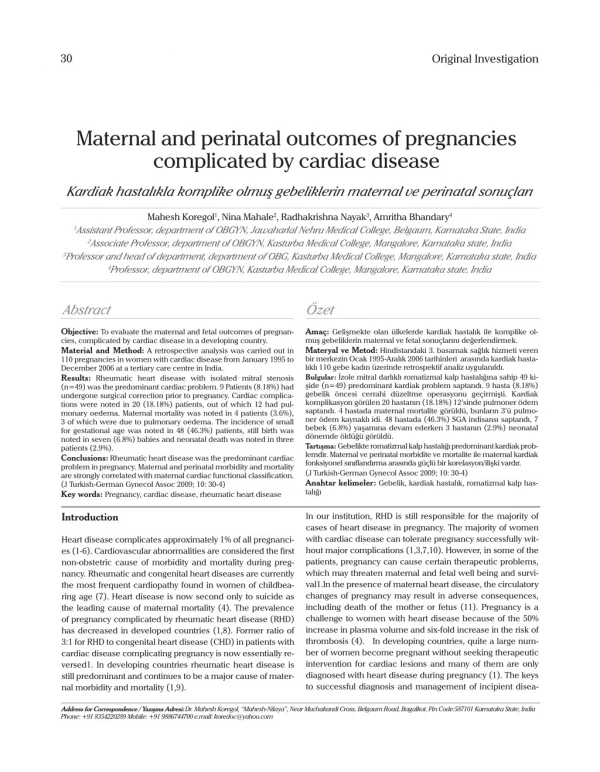 Maternal and perinatal outcomes of pregnancies
