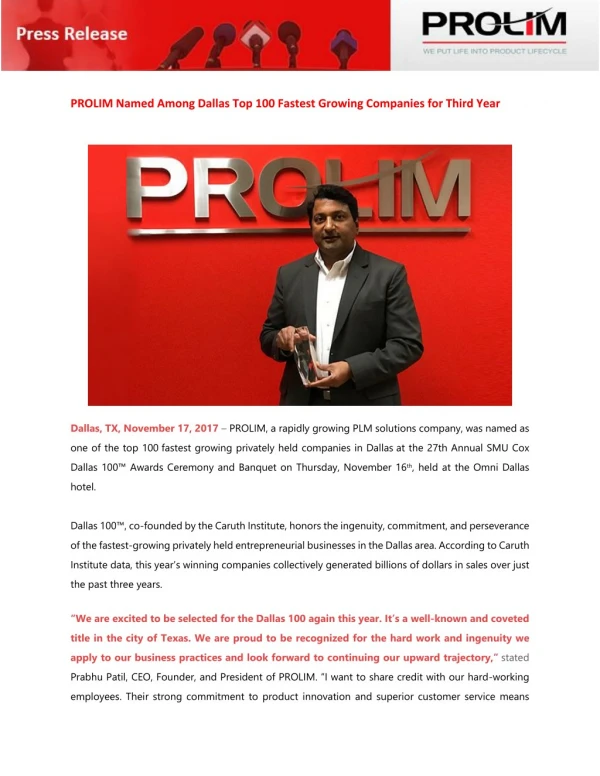 PROLIM Named Among Dallas Top 100 Fastest Growing Companies for Third Year