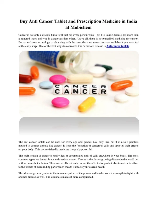 Buy anti cancer tablet and prescription medicine in india at mobichem