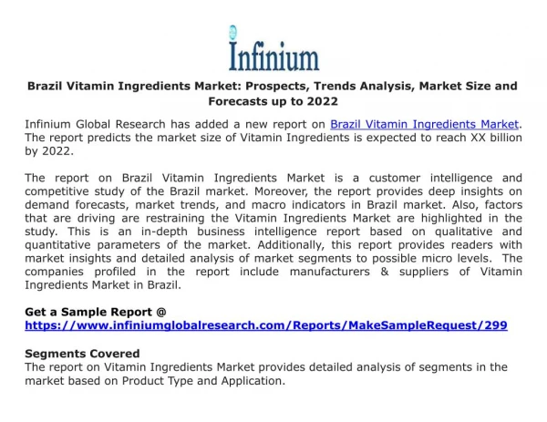 Brazil Vitamin Ingredients Market Prospects, Trends Analysis, Market Size and Forecasts up to 2022