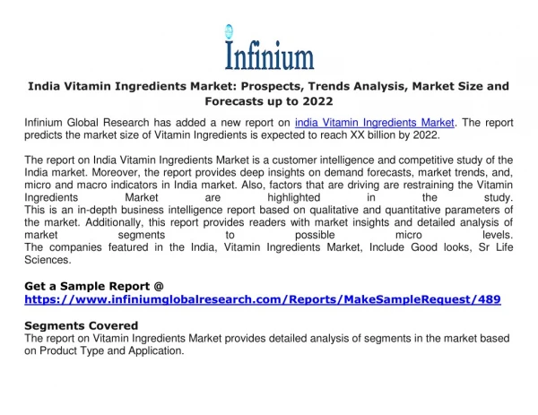 India Vitamin Ingredients Market Prospects, Trends Analysis, Market Size and Forecasts up to 2022