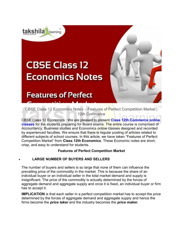 CBSE Class 12 Economics Notes - Features of Perfect Competition Market