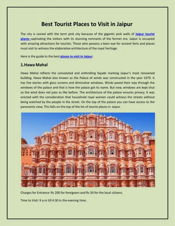 Best tourist places to visit in Jaipur