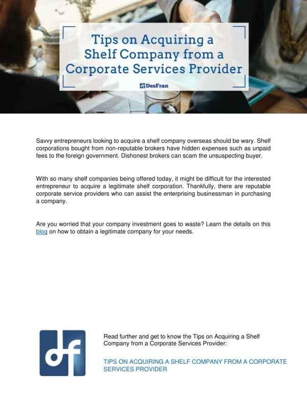 Tips on Acquiring a Shelf Company from a Corporate Services Provider
