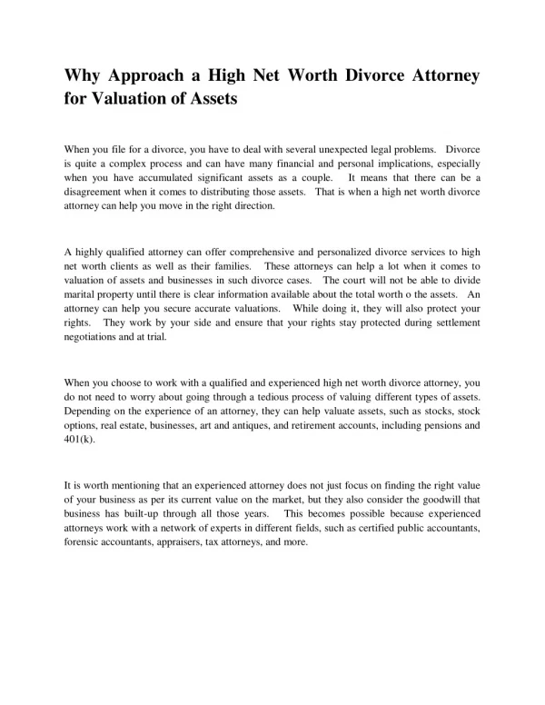Why approach a high net worth divorce attorney for valuation of assets