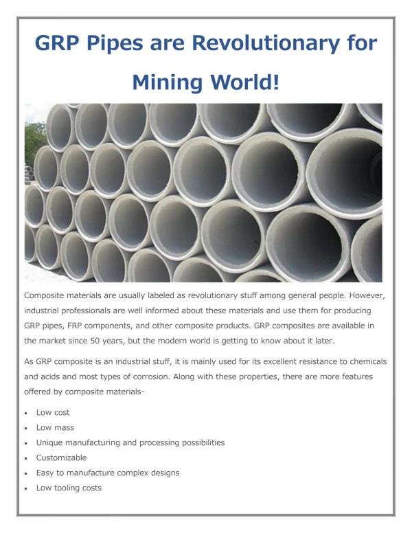 GRP Pipes are Revolutionary for Mining World!