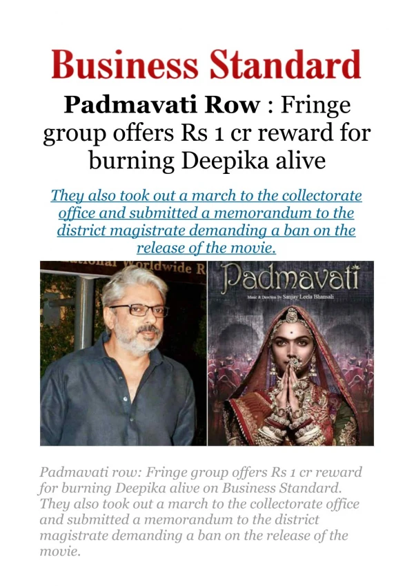 Padmavati row: Fringe group offers Rs 1 cr reward for burning Deepika alive
