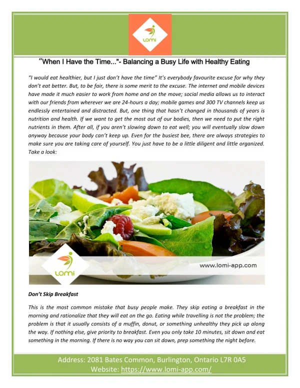 “When I Have the Time…”- Balancing a Busy Life with Healthy Eating