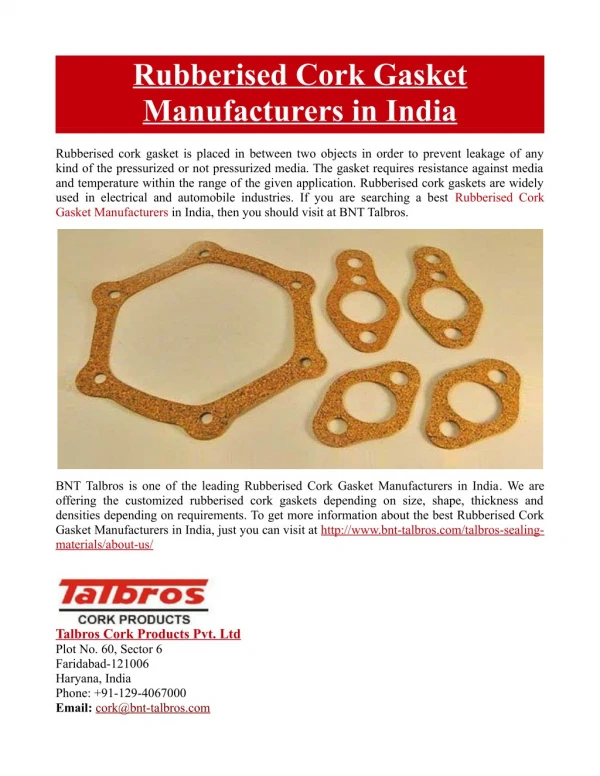 Rubberised Cork Gasket Manufacturers in India
