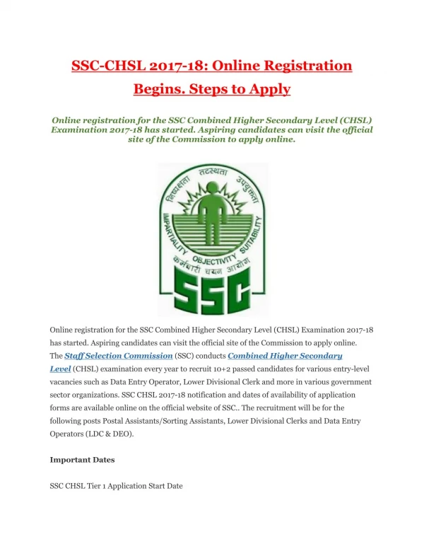 SSC-CHSL 2017-18: Online Registration Begins. Steps to Apply