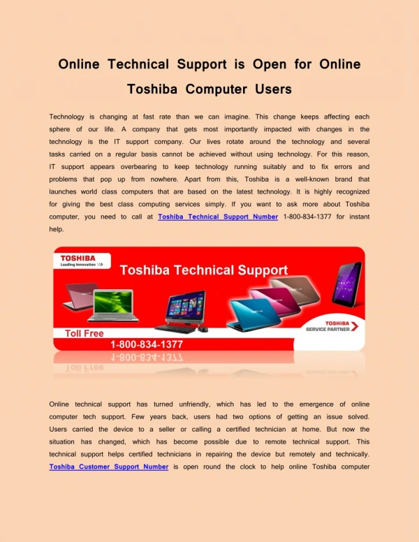 Online Technical Support is Open for Online Toshiba Computer Users