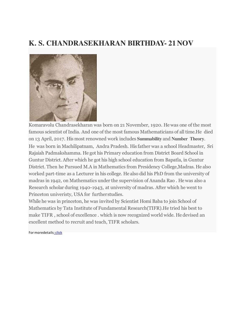 k s chandrasekharan birthday 21 nov