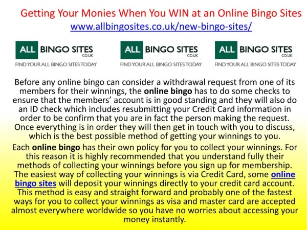 Getting Your Monies When You WIN at an Online Bingo Sites