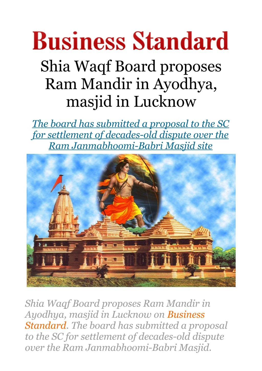shia waqf board proposes ram mandir in ayodhya
