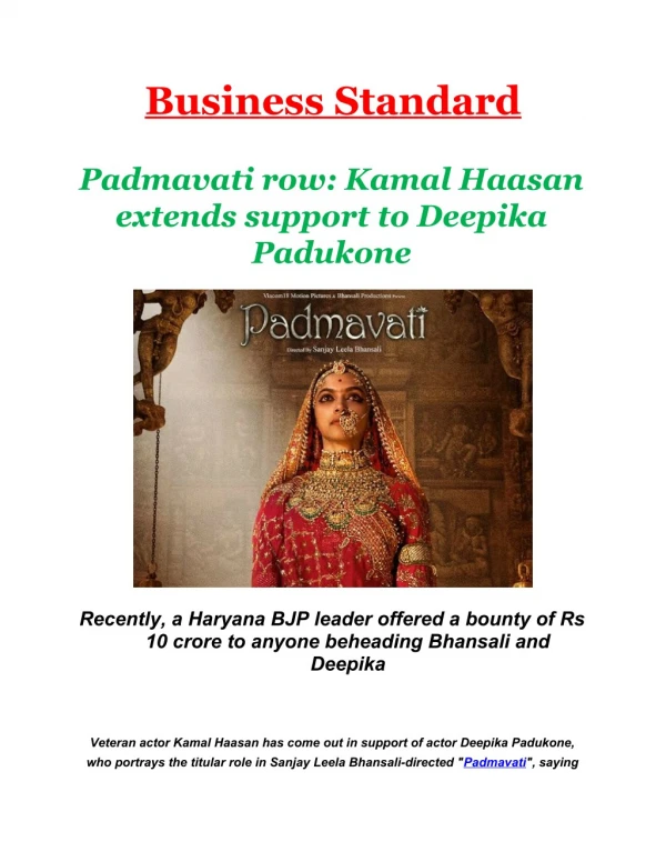 Padmavati row: Kamal Haasan extends support to Deepika Padukone