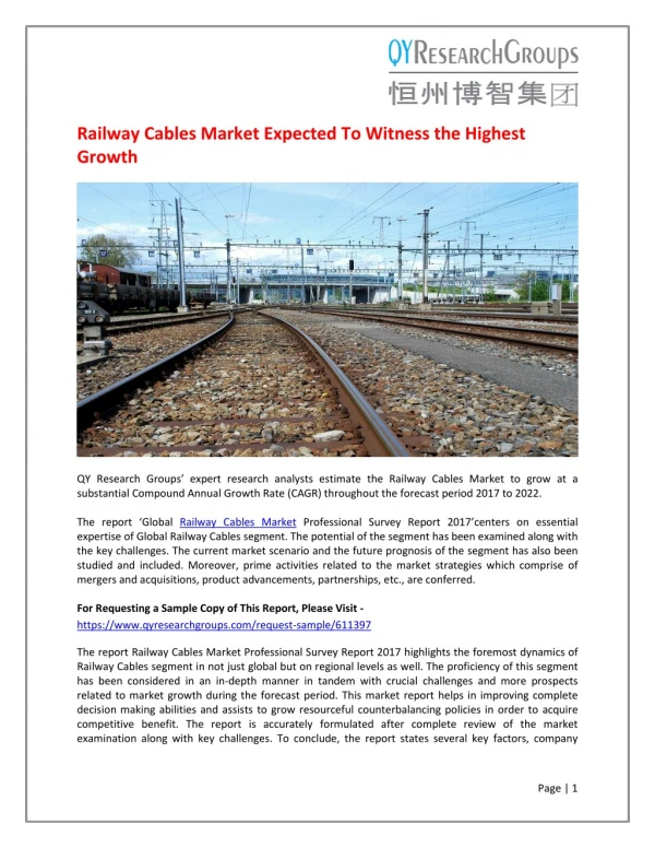 Railway Cables Market Expected To Witness the Highest Growth