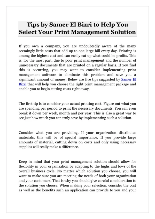 Tips by Samer El Bizri to Help You Select Your Print Management Solution